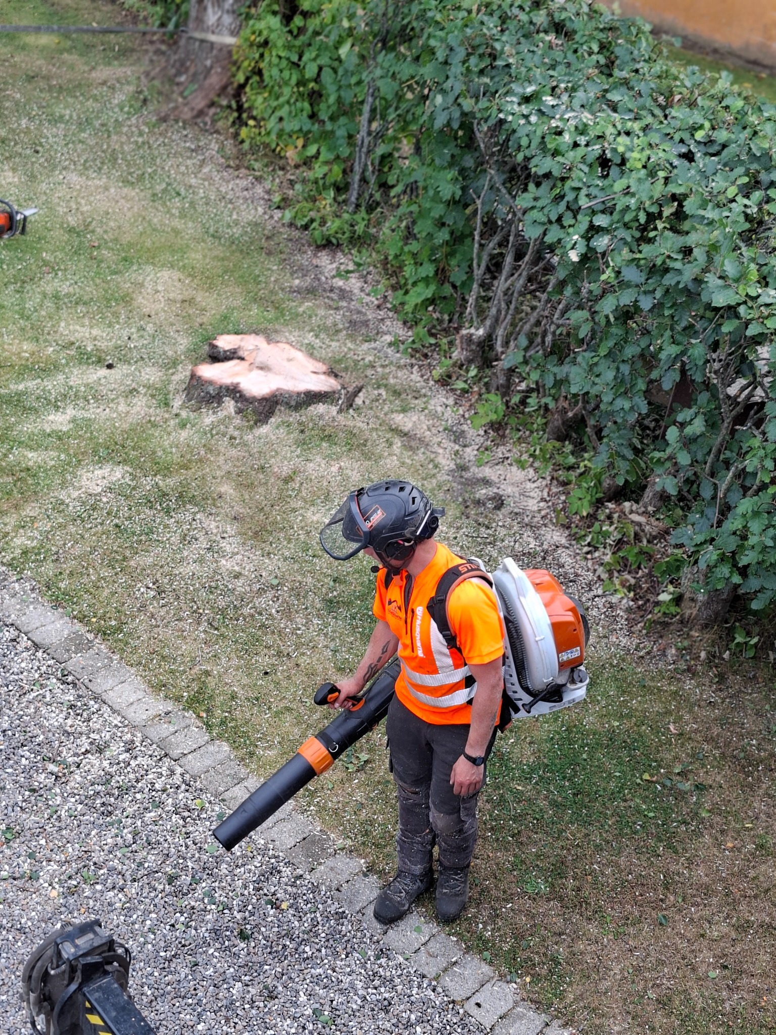 Städning med lövblås efter avslutat trädarbete